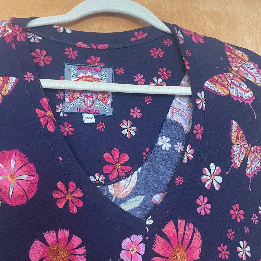 Johnny Was Navy Floral Soft Tiered V neck Midi Dress Size Large - Picture 3 of 10